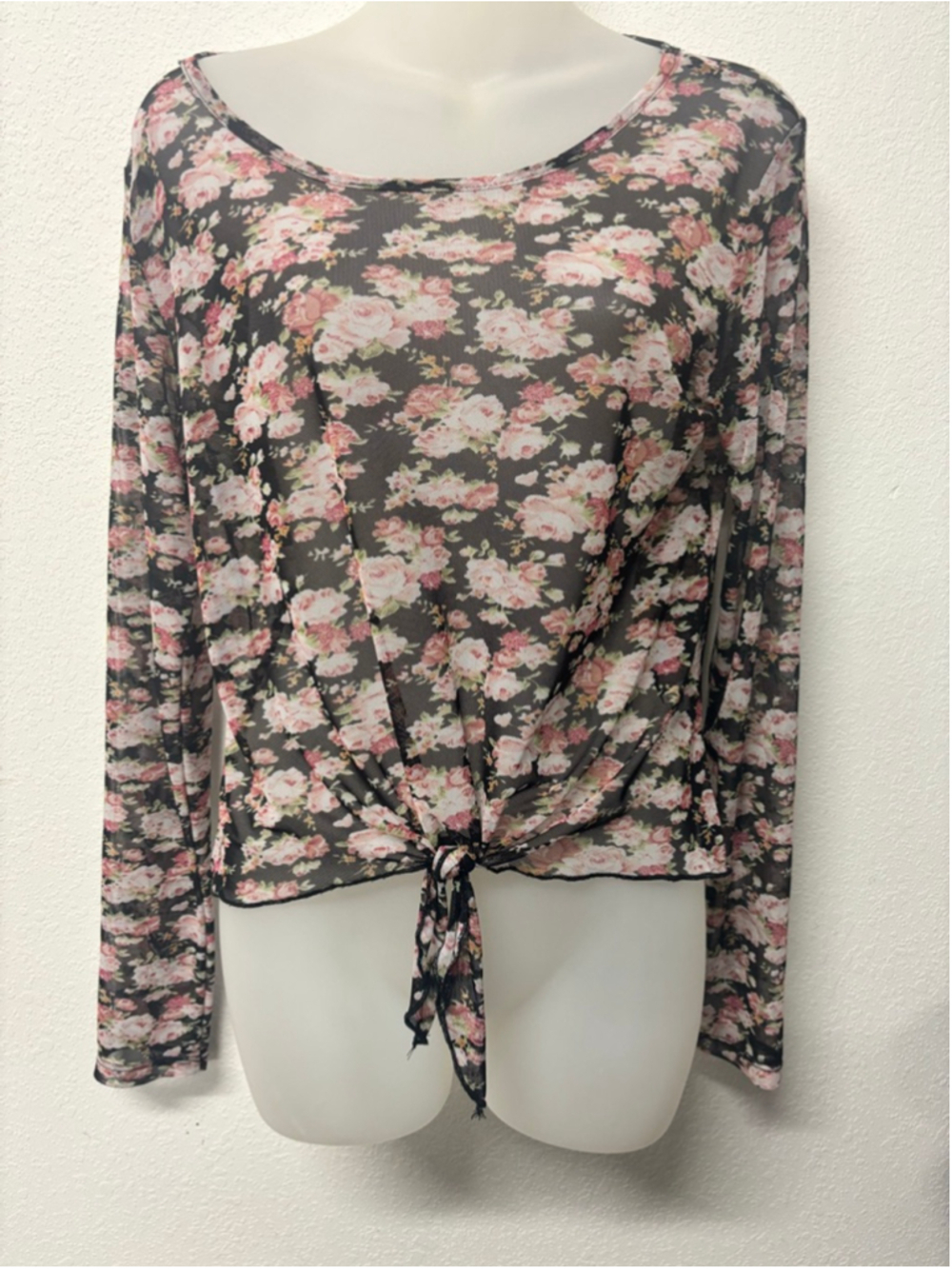 Free Kisses Black Pink Floral Long Sleeve Mesh Tee Large